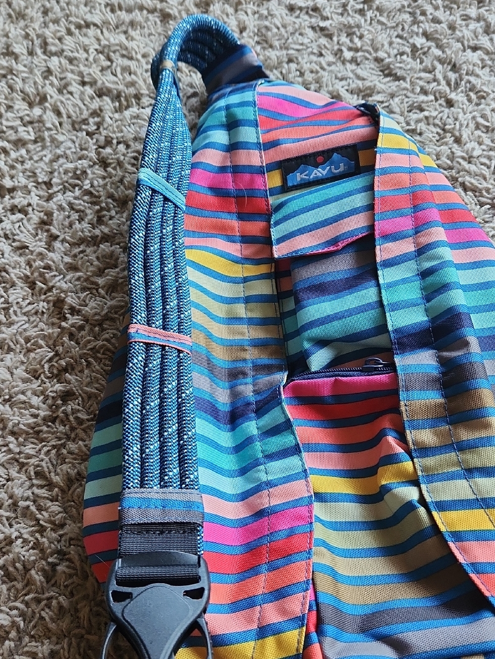 Kavu Large Striped Sling Bag - Blue, Pink, Yellow, Green - Picture 3 of 8